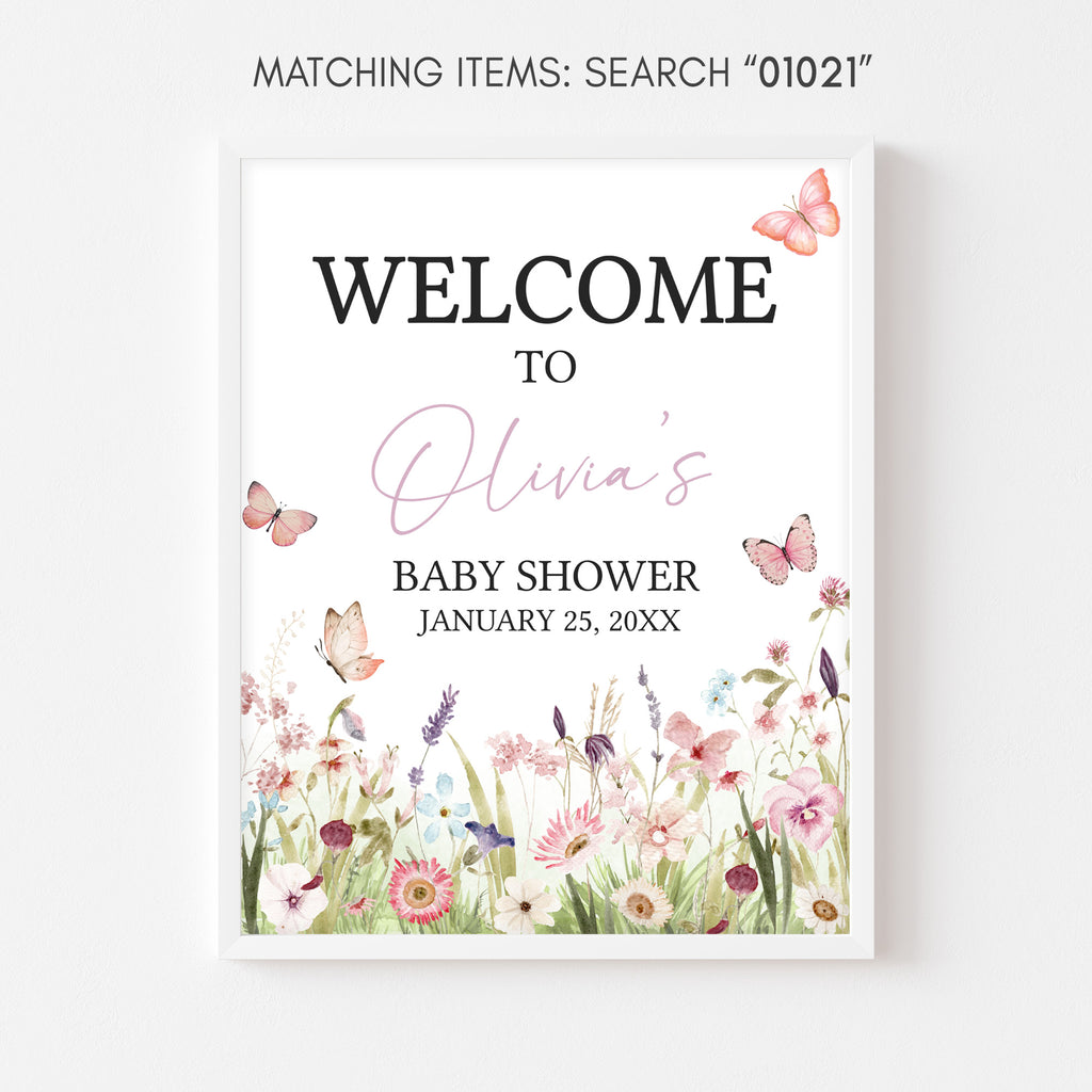 Baby shower welcome sign with floral design and butterflies on a white background