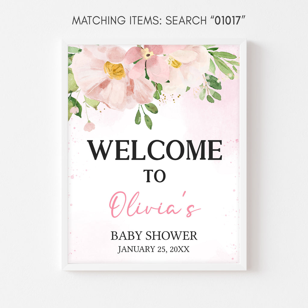 Baby shower welcome sign with floral design and text on a white background