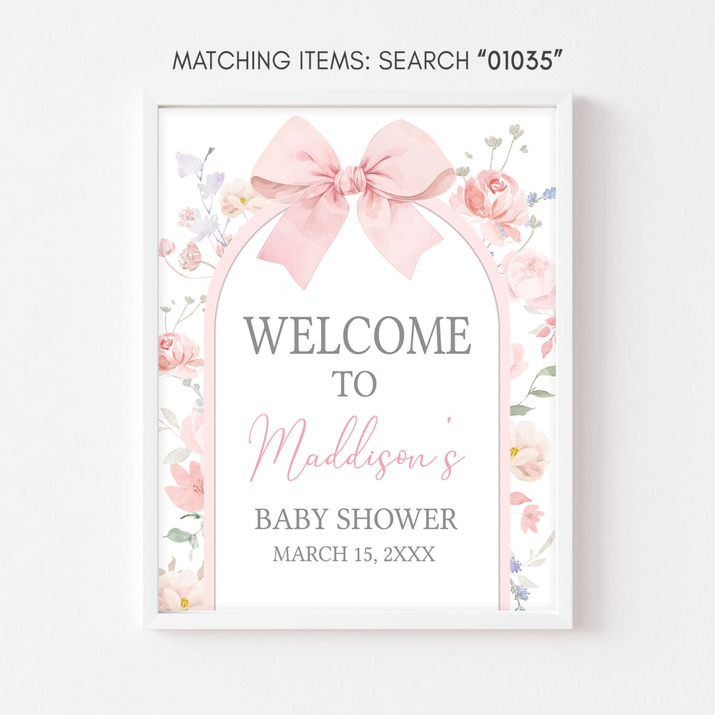Pink bow floral welcome sign for baby girl shower theme, baby girl spring shower welcome sign printable