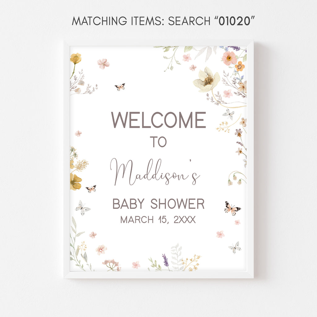 Baby shower welcome sign with floral border on a white background