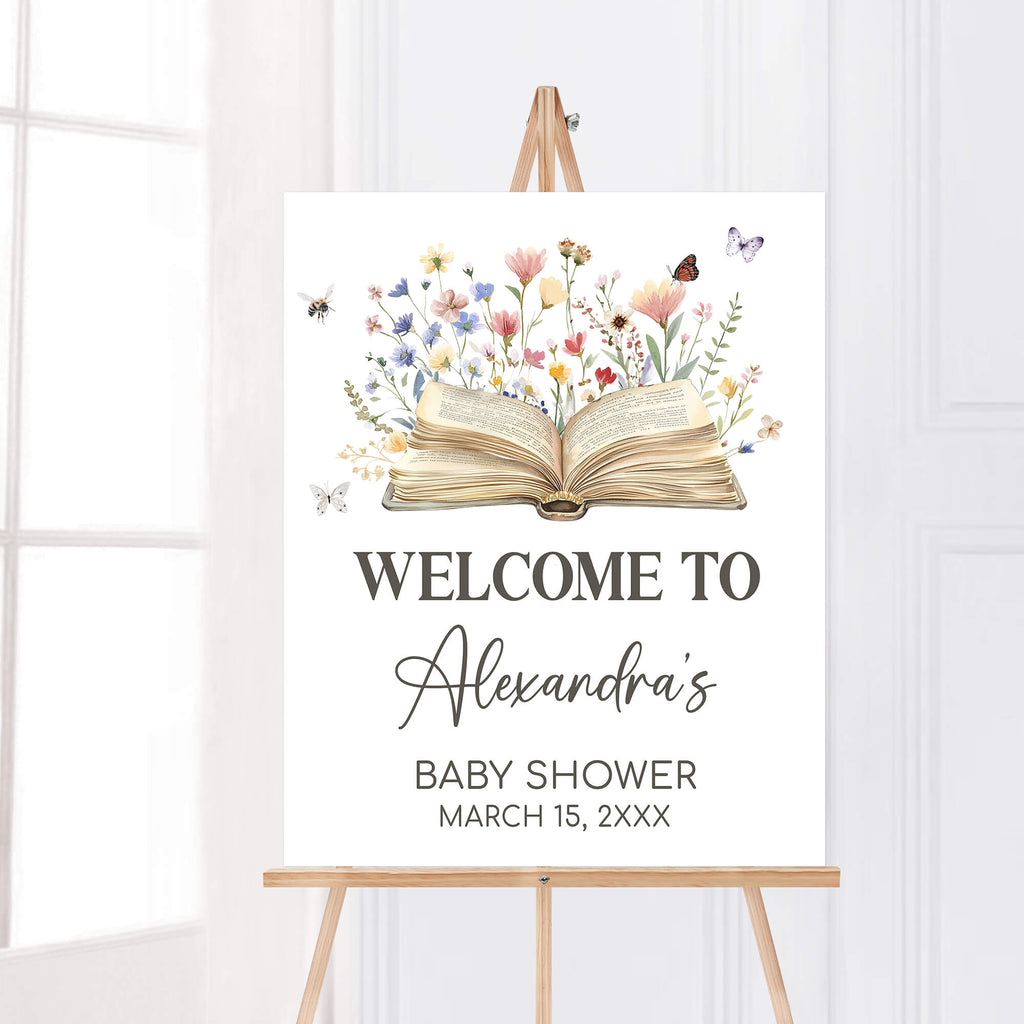 Spring book baby shower invitation with floral and butterfly elements