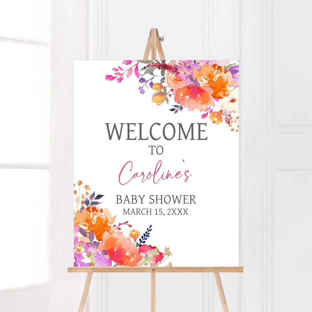 Spring floral baby girl baby shower welcome sign, baby in bloom themed printable