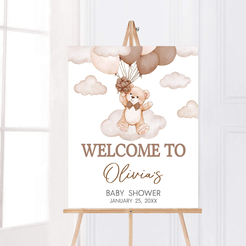Printable teddy bear baby shower welcome sign in neutral balloon and cloud theme