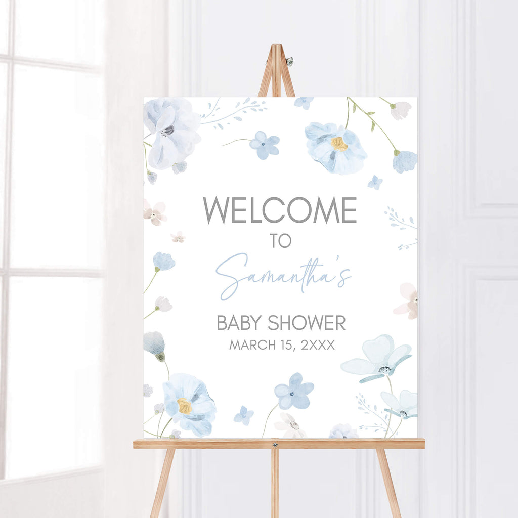 Spring floral baby shower welcome sign for boy, blue flower baby in bloom theme