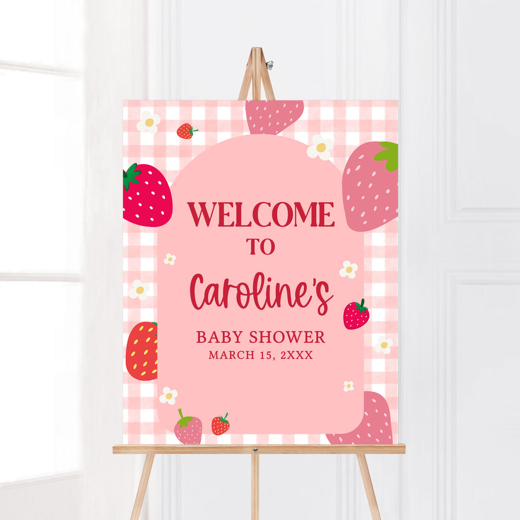 Strawberry baby shower welcome sign for spring berry girl theme