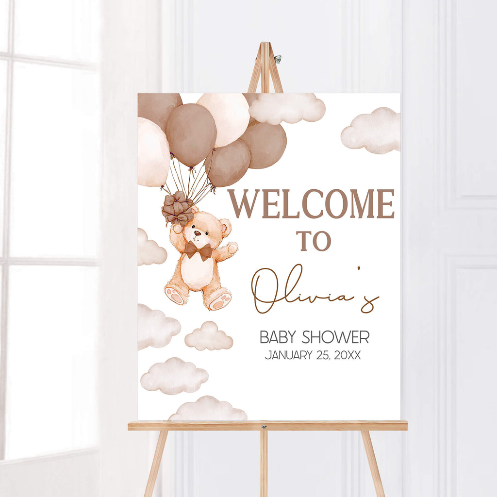 teddy bear welcome sign for baby shower with neutral balloon and cloud theme printable