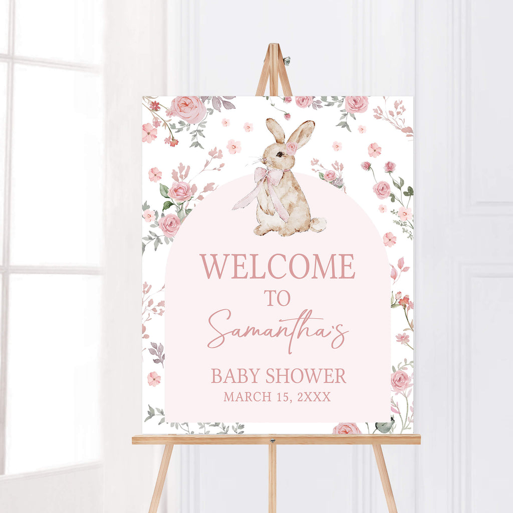 Spring bunny baby shower welcome sign with floral theme for girl shower entry decor