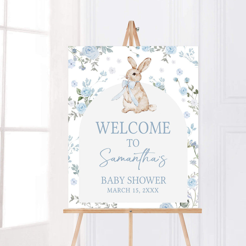 Spring bunny baby shower welcome sign with blue florals, blue bunny baby boy shower welcome board printable
