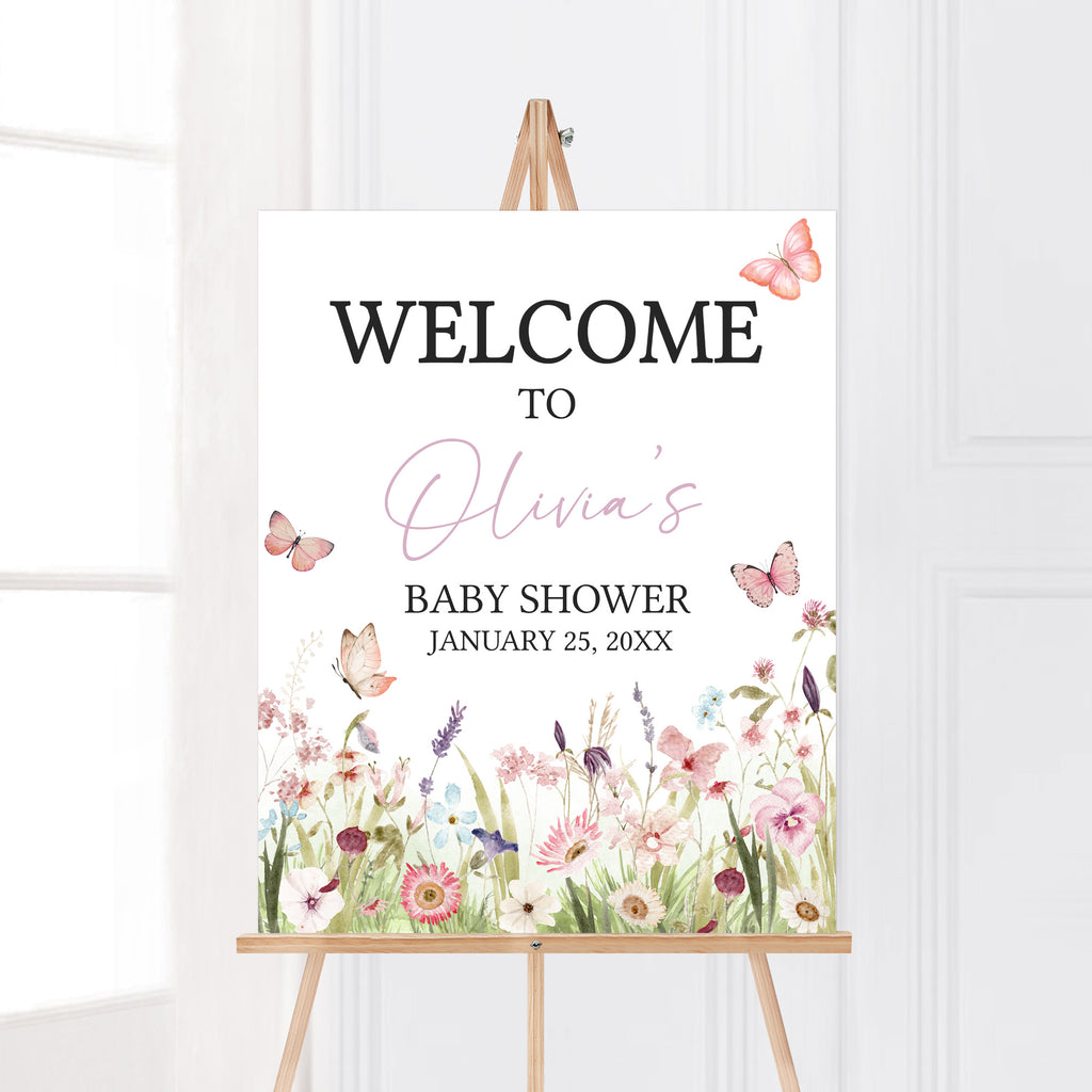 Spring butterfly baby shower welcome sign for girl party theme