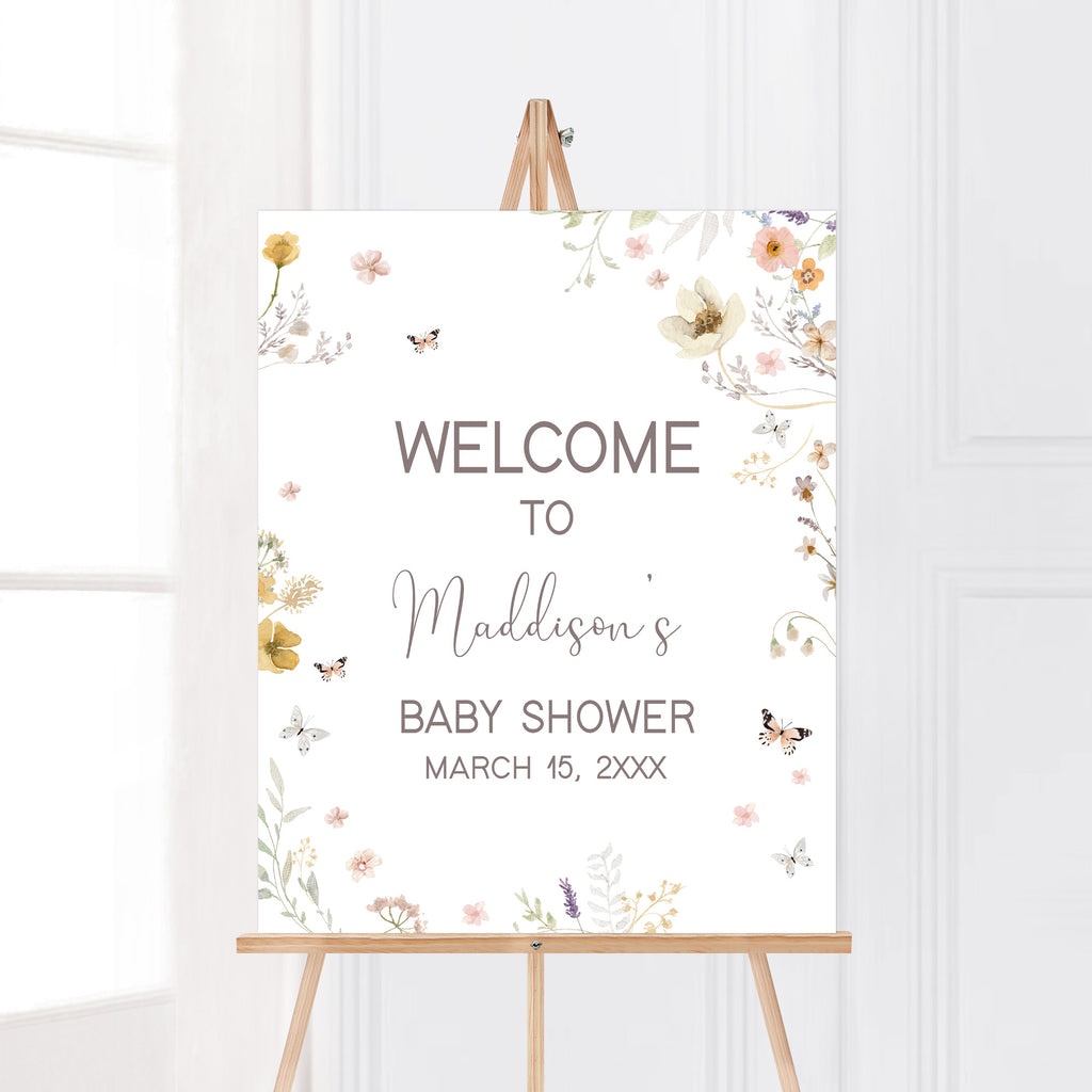 Wildflower baby shower welcome sign for girl with spring floral and butterfly theme