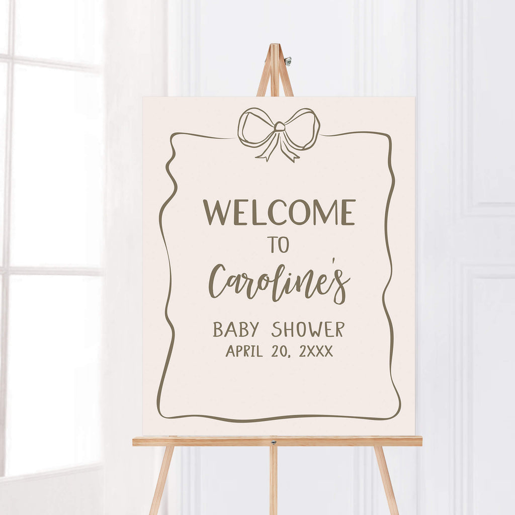 Neutral bow baby shower welcome sign with line art bow design for printable shower decor