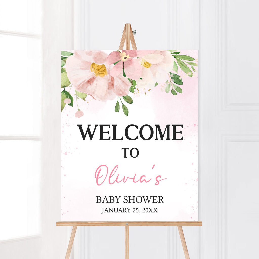 Spring floral girl baby shower welcome sign with pink watercolor flower design