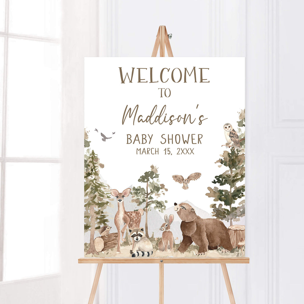 Woodland welcome sign with forest animals for adventure baby shower
