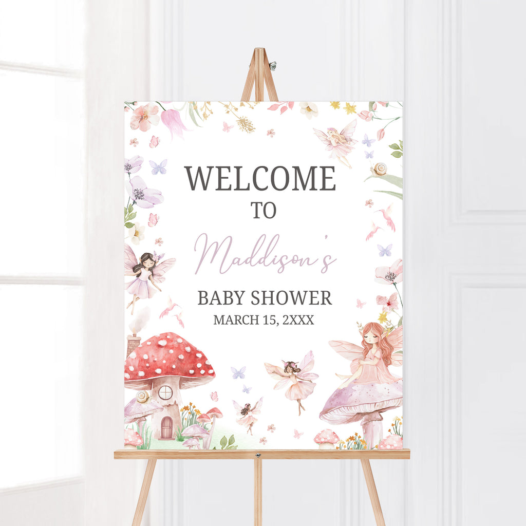 Fairy baby shower welcome sign with spring florals, mushrooms, and butterflies for girl shower