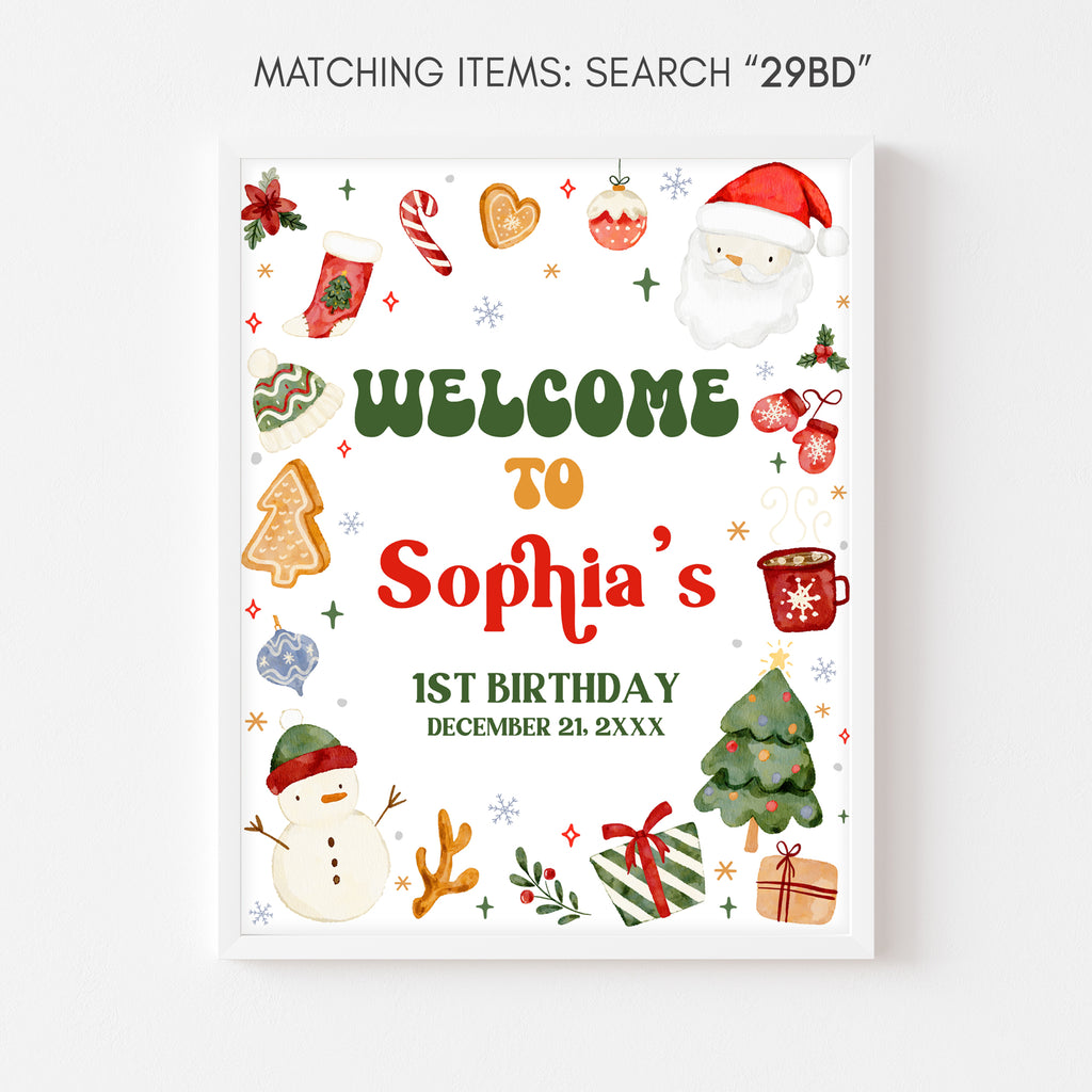 Winter wonderland birthday party welcome sign with Christmas theme