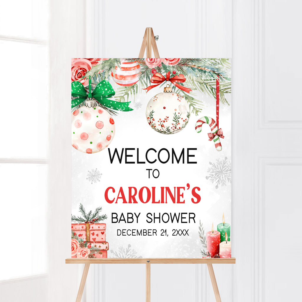 Holiday baby shower welcome sign with Christmas decor, gender neutral printable winter party sign