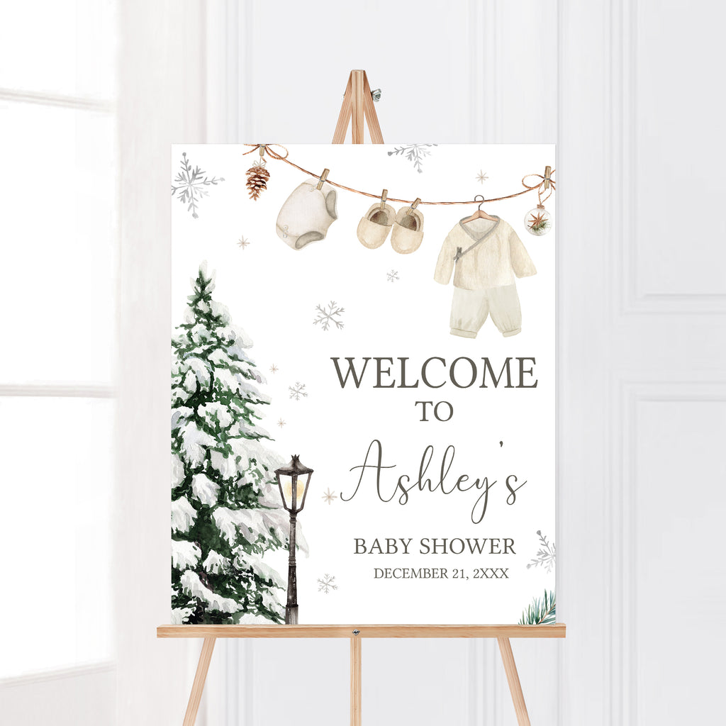 Rustic Christmas baby shower welcome sign, gender neutral holiday design with snowy pine and winter accents