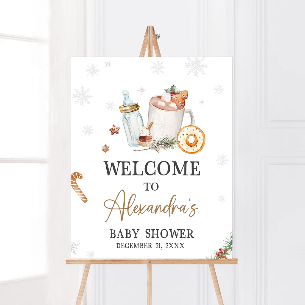 Rustic winter baby shower welcome sign, gender neutral snowflake hot cocoa theme