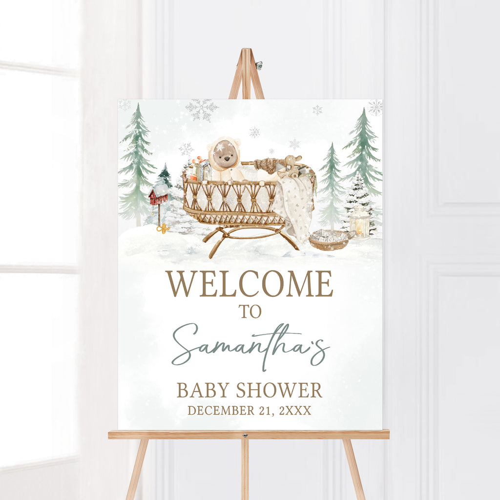 Winter baby shower welcome sign, gender neutral woodland theme, rustic snowy printable decor
