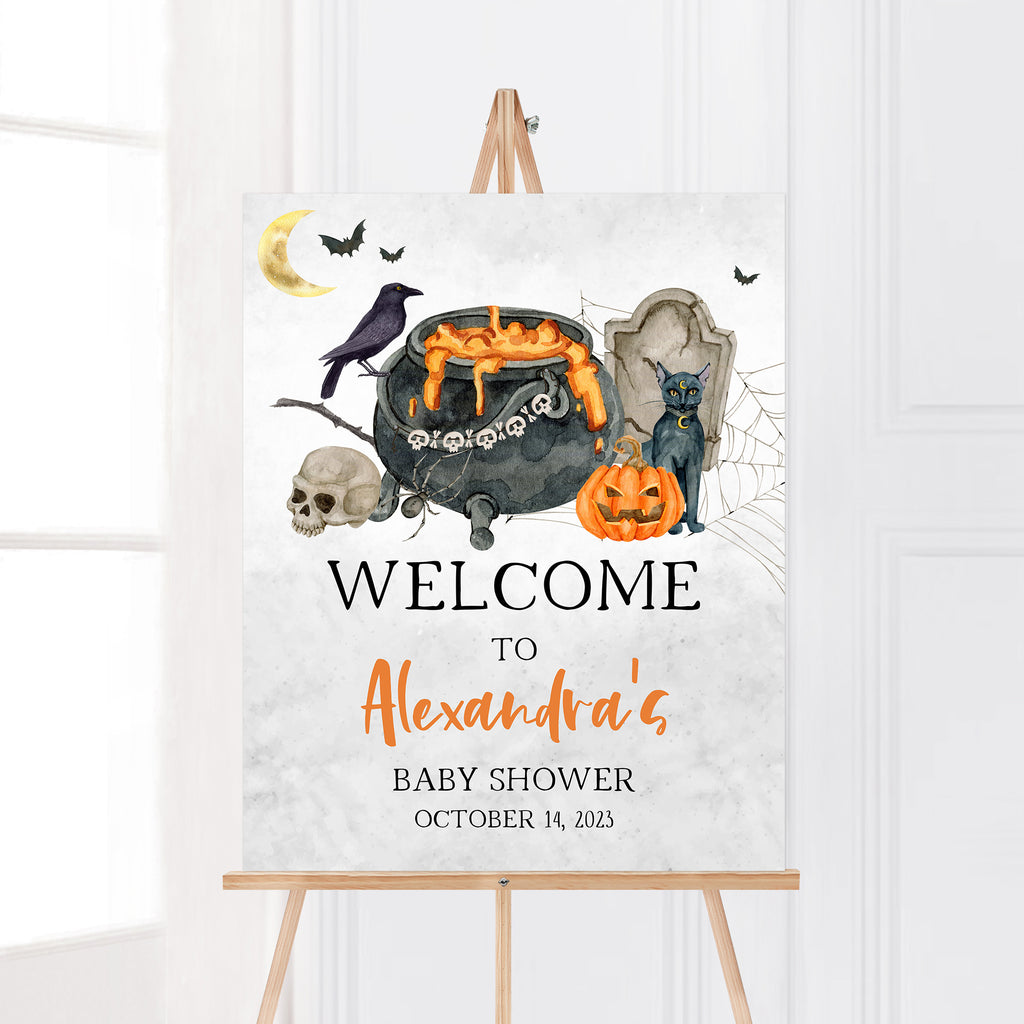 Halloween baby shower welcome sign with black cat and cauldron art