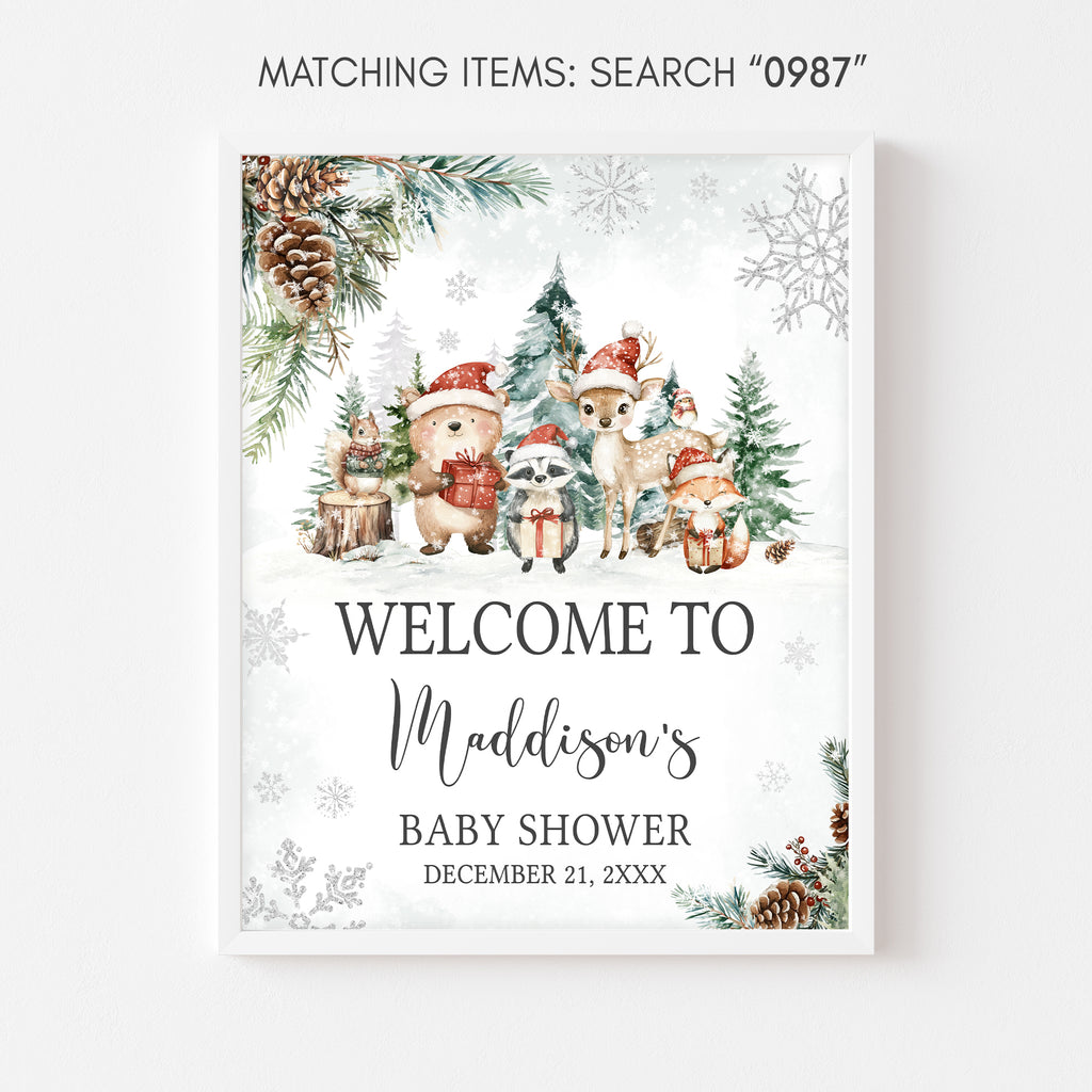 Neutral gender holiday baby shower entrance sign, winter woodland party décor