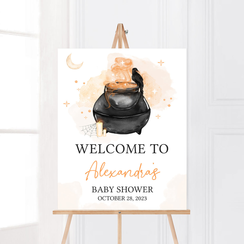 Halloween baby shower welcome sign – witch cauldron, crow, and moon design for gender neutral party