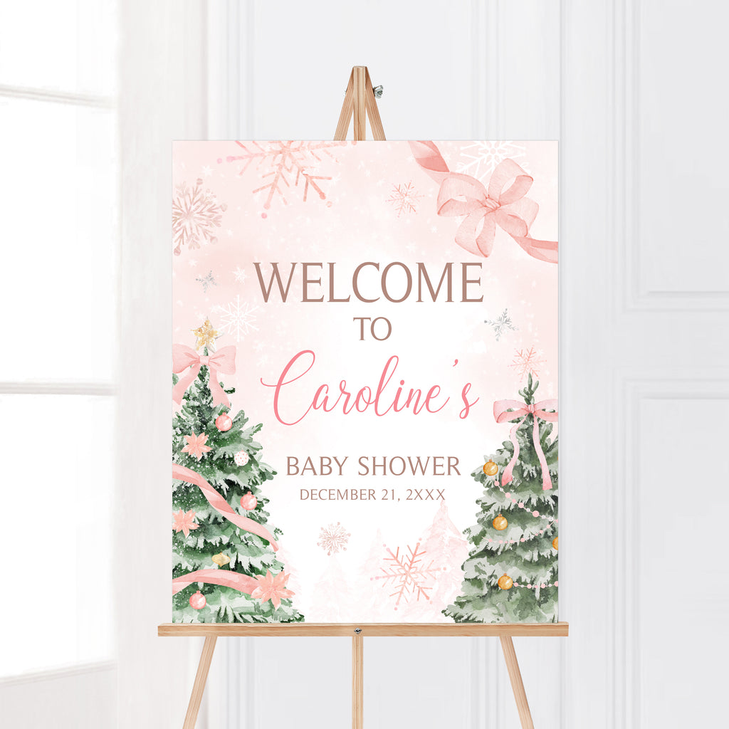 Pink snowflake baby shower welcome sign, winter wonderland girl party decoration with bows