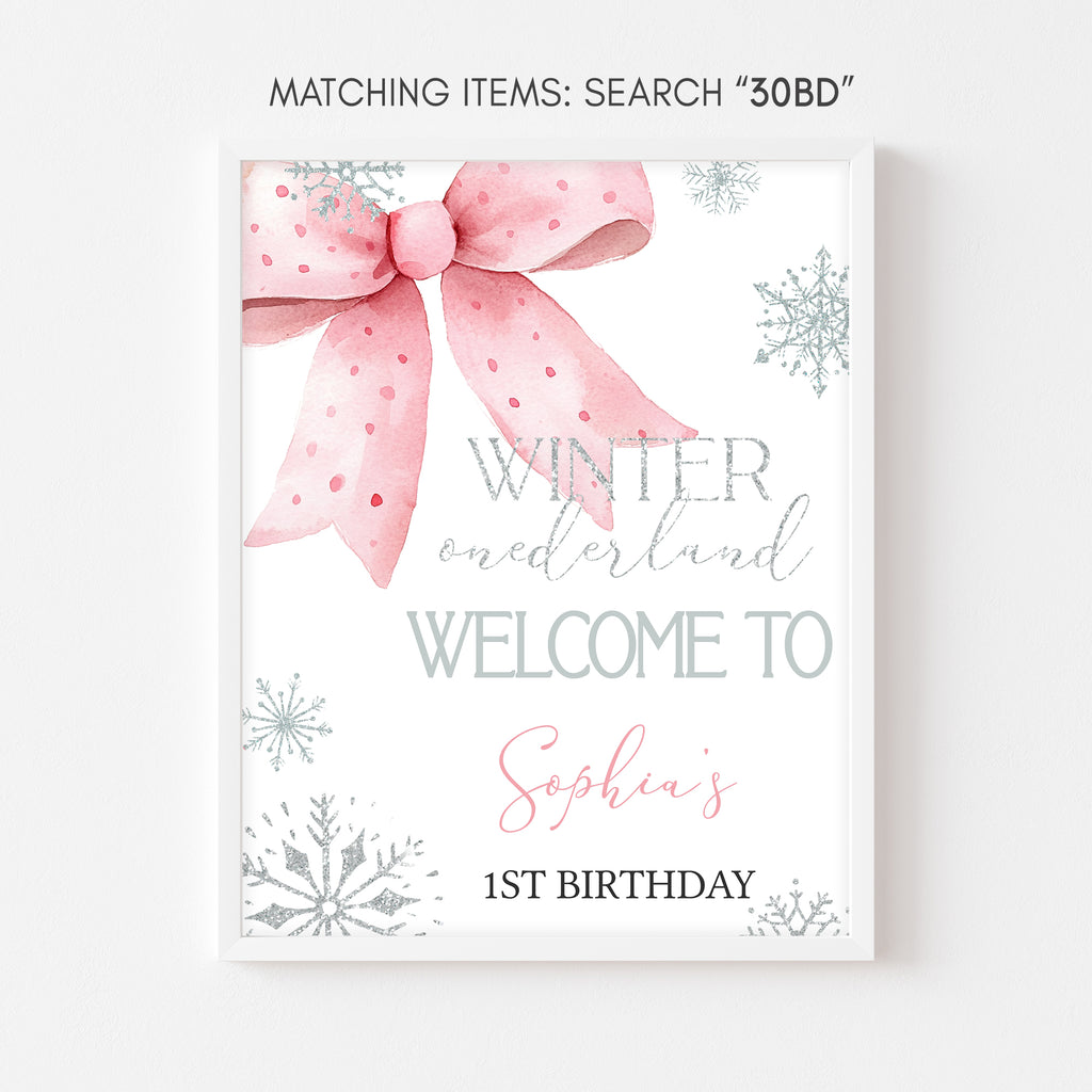Editable Onederland welcome poster with glitter snowflakes and pastel design, digital winter birthday party welcome sign with watercolor pink ribbon