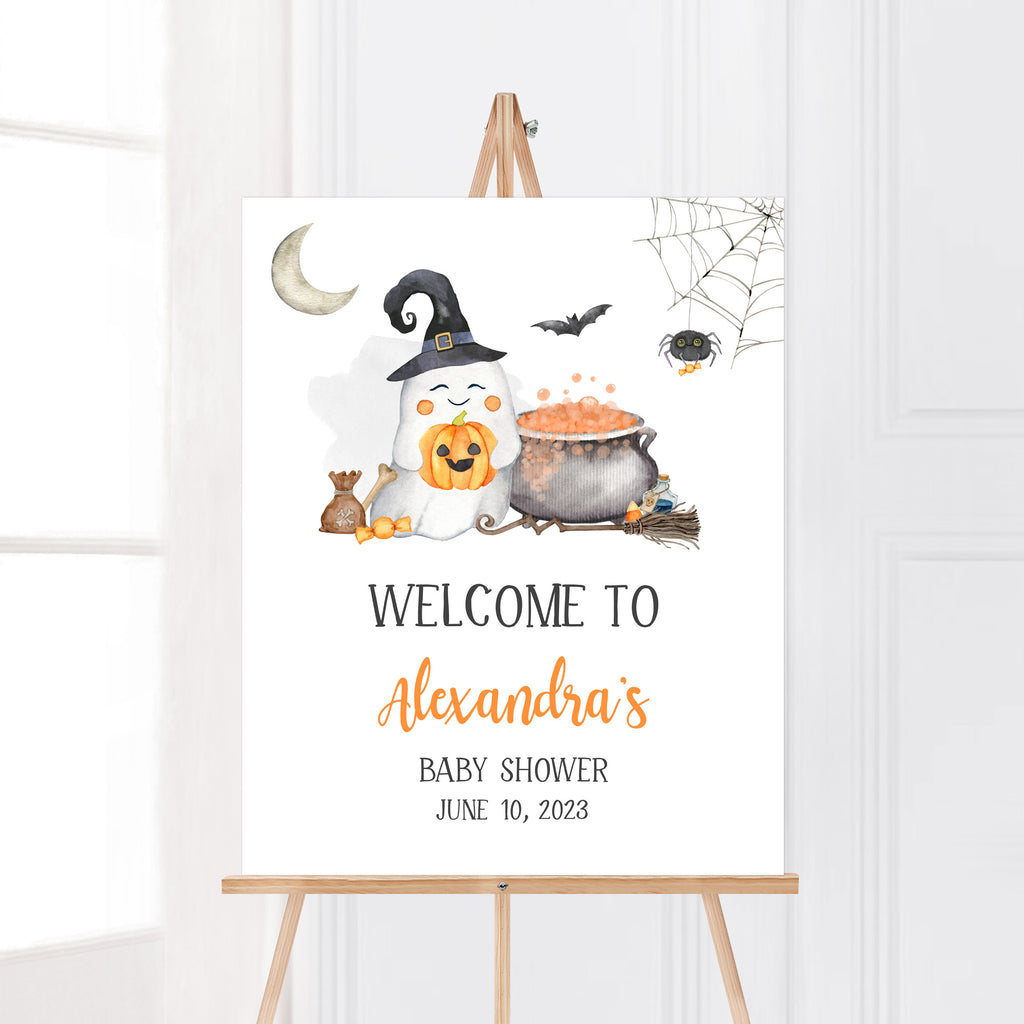 Halloween baby shower welcome sign with ghost and pumpkin design, gender neutral printable decor