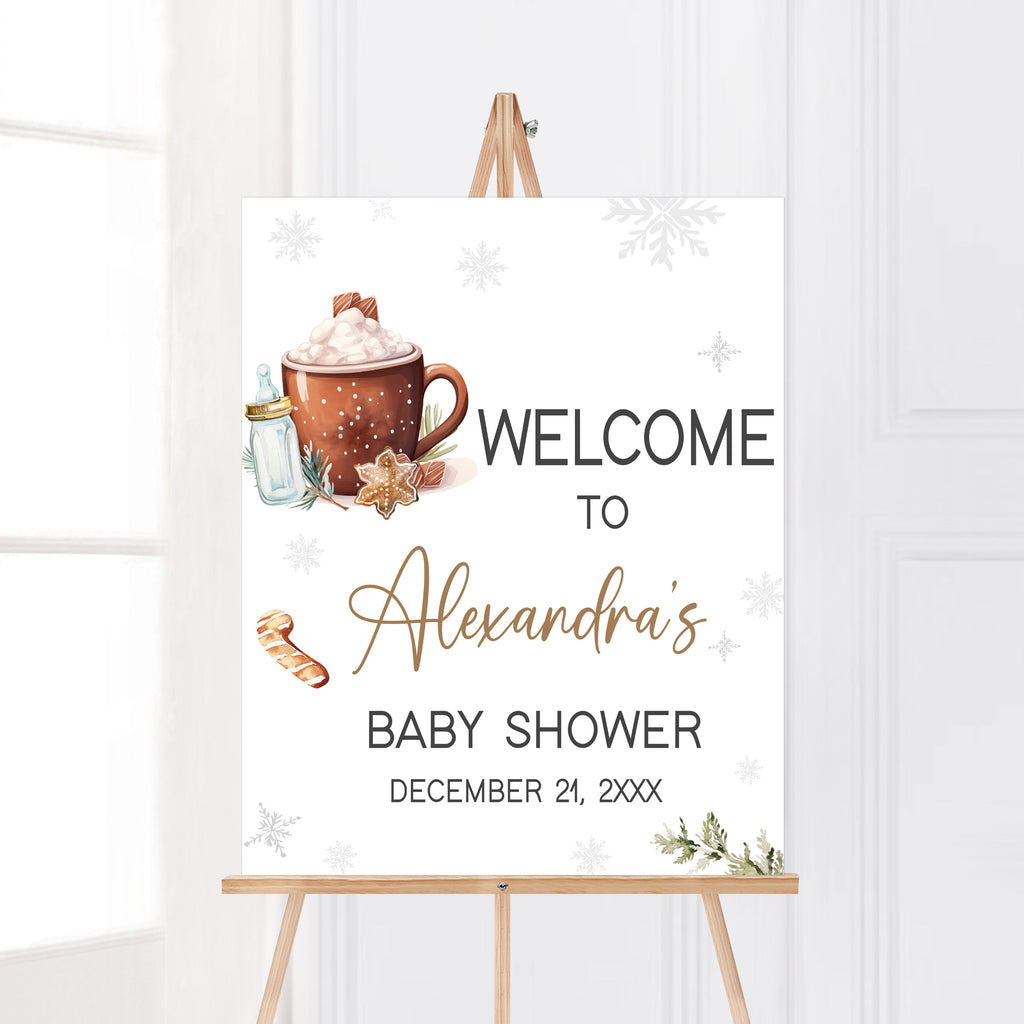 Winter baby shower welcome sign with cozy hot cocoa and snowflakes, rustic neutral holiday design
