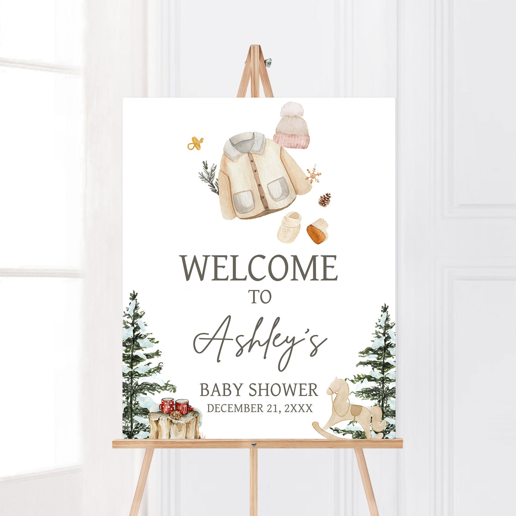 Rustic winter baby shower welcome sign, gender neutral woodland theme