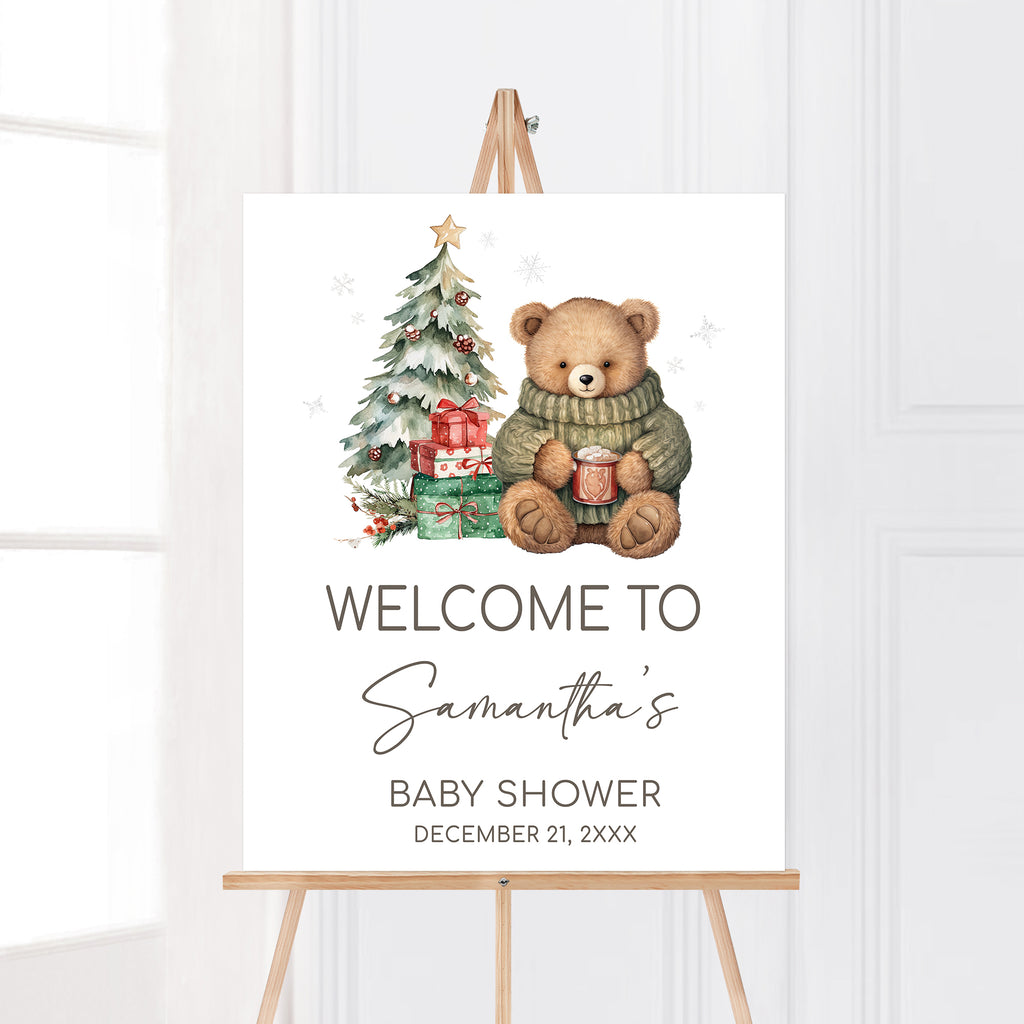 Christmas teddy bear baby shower welcome sign, festive winter holiday party decoration
