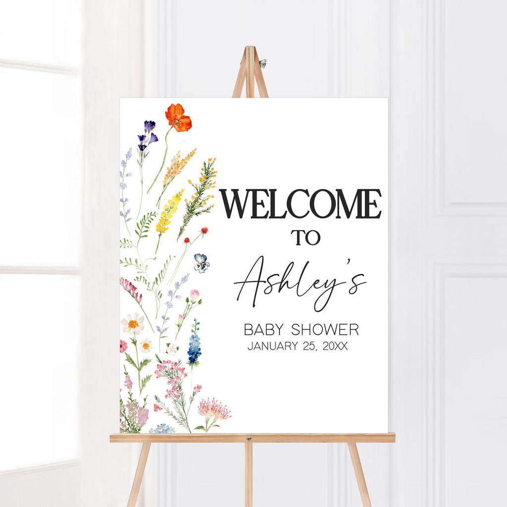 Spring wildflower baby girl welcome sign for baby shower entrance and printable party decor