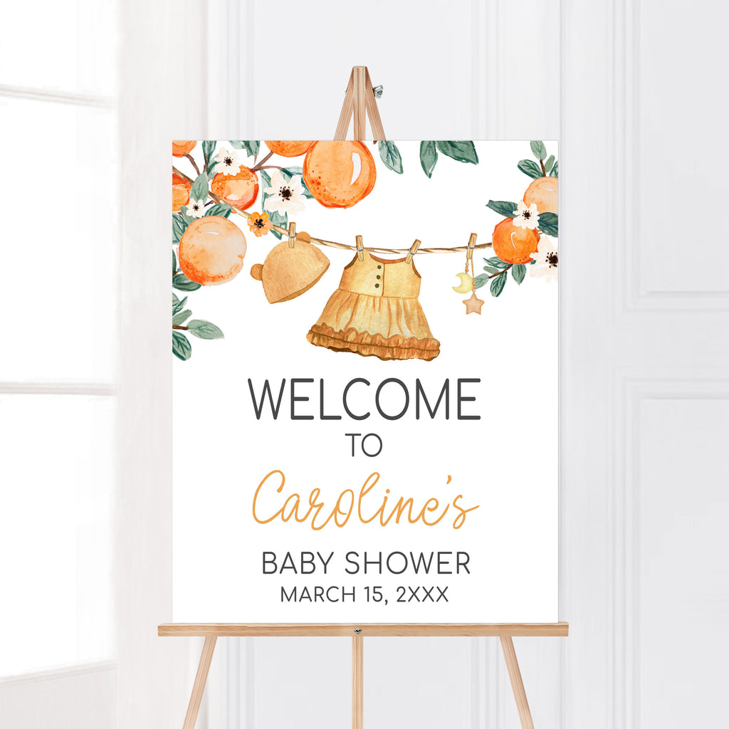 little cutie welcome sign for citrus baby shower with orange theme spring summer design