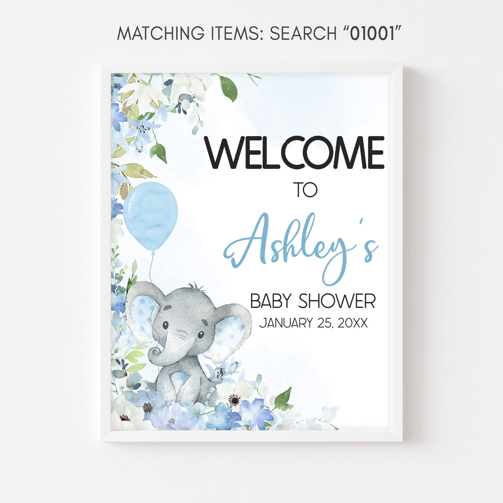 Baby shower invitation with elephant and balloons on a white background