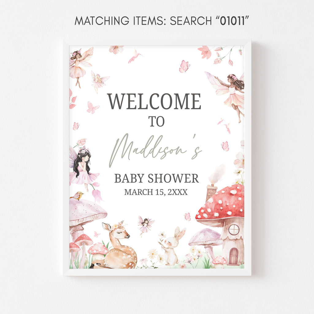 Baby shower welcome poster with fairy-themed design on a white background
