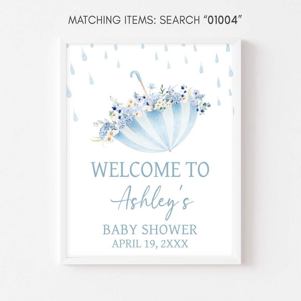 Baby shower invitation with blue umbrella design on a white background