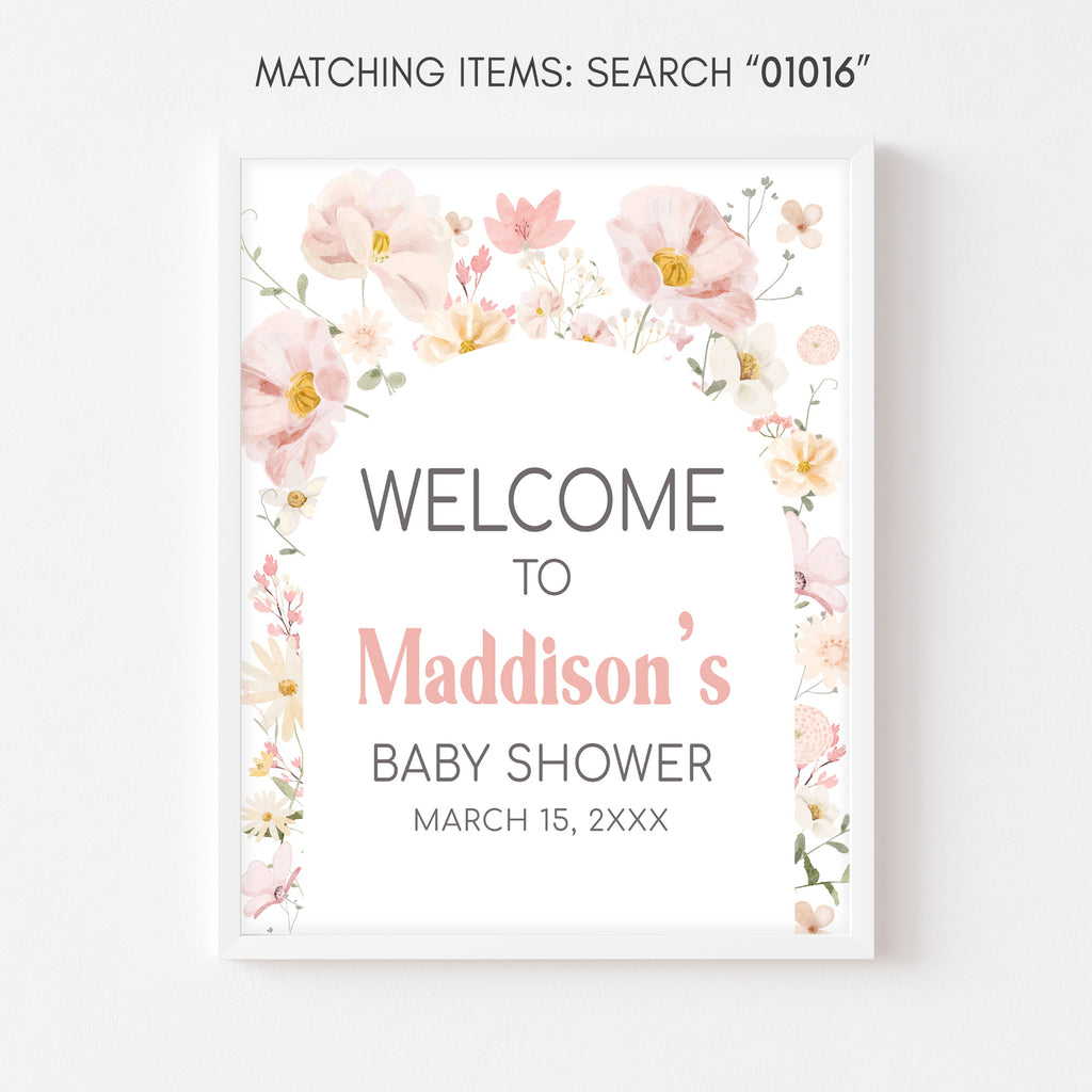 Baby shower welcome sign with floral design on a white background