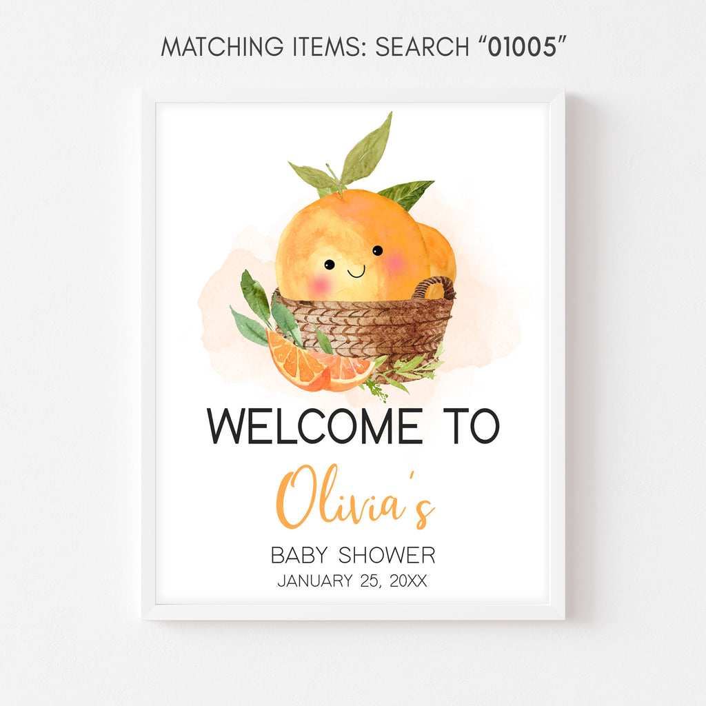 Baby shower welcome sign with cartoon oranges and text on a white background