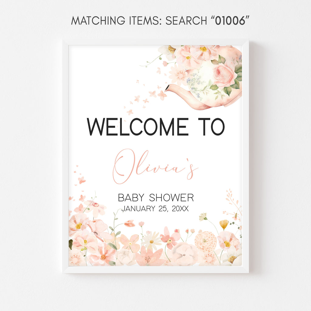 Baby shower welcome sign with floral design and text on a white background