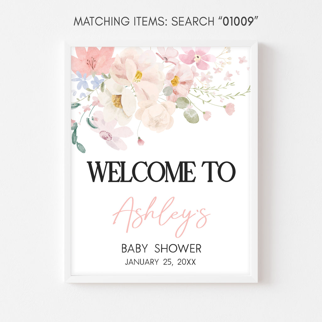 Baby shower welcome sign with floral design and text on a white background