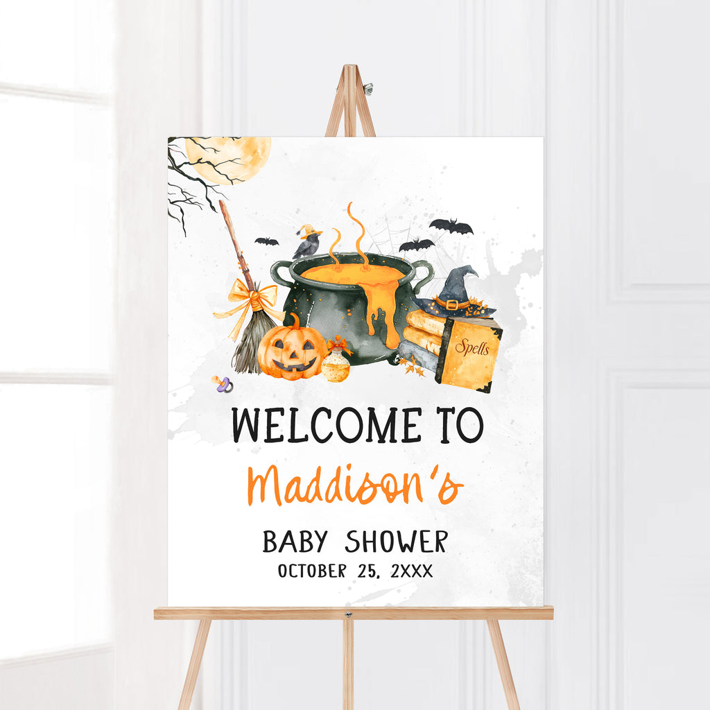 Spooky Halloween baby shower welcome sign, baby is brewing pumpkin and witch cauldron design