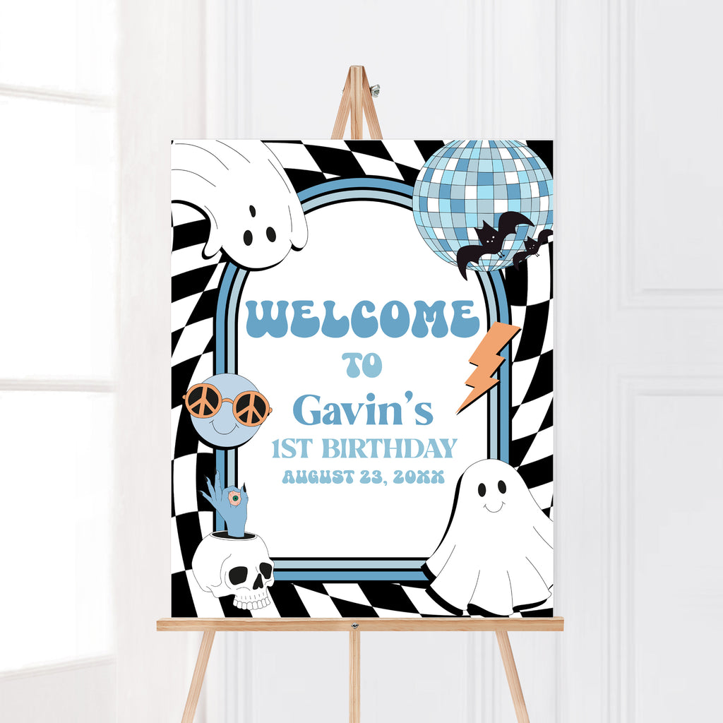 Blue and black retro checkered spooky birthday welcome sign