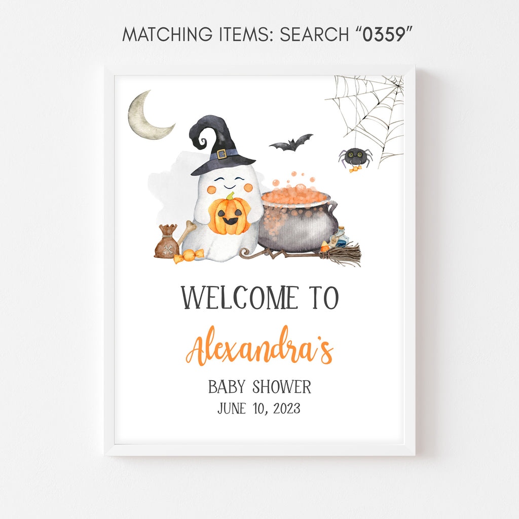 Spooky fall baby shower welcome sign, ghost and witch cauldron theme for autumn party