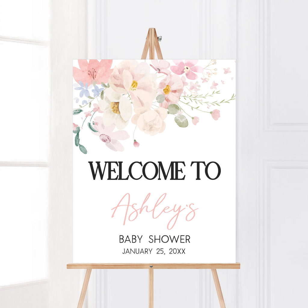 Spring floral baby in bloom girl baby shower welcome sign printable digital design