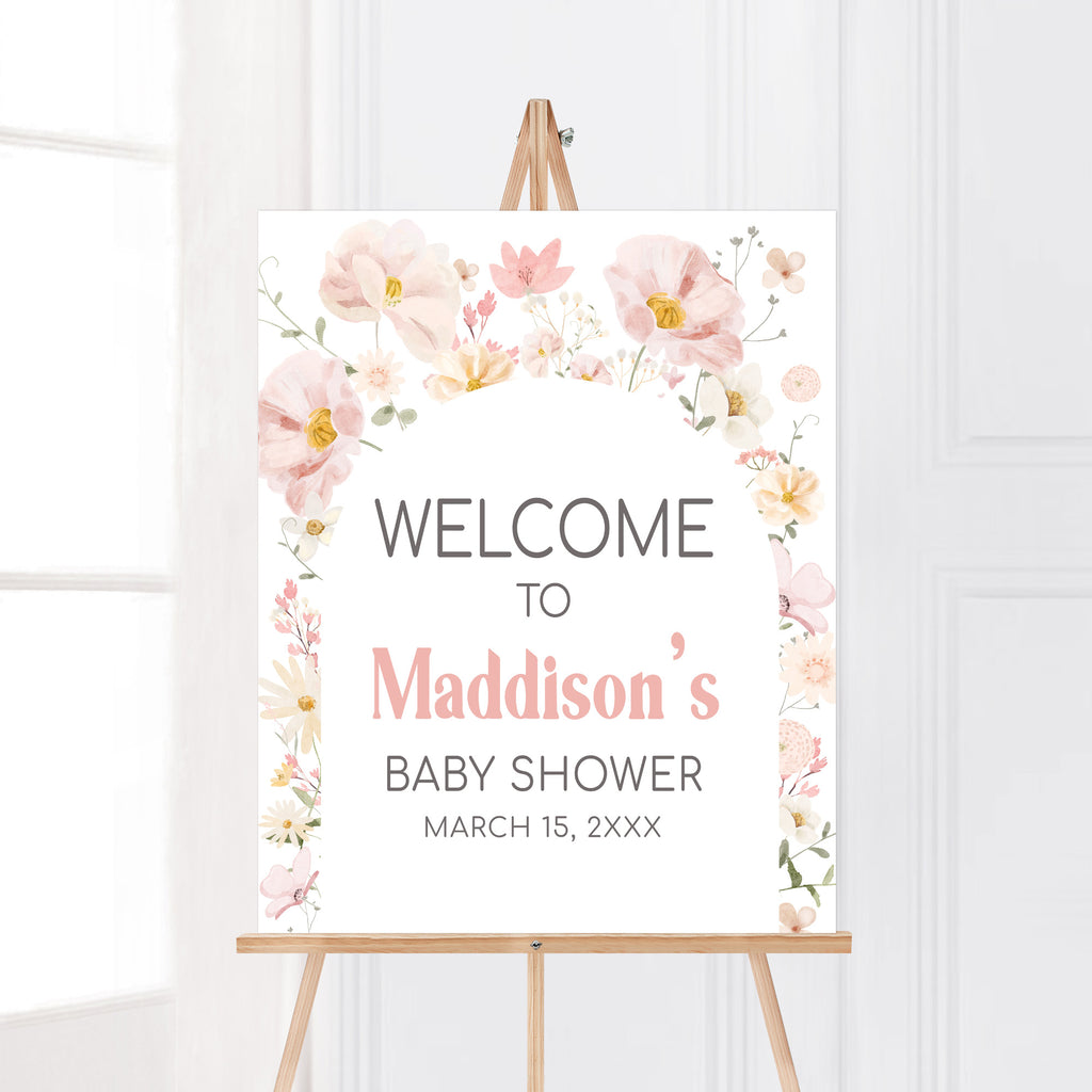 Spring floral baby in bloom welcome sign for girl baby shower printable