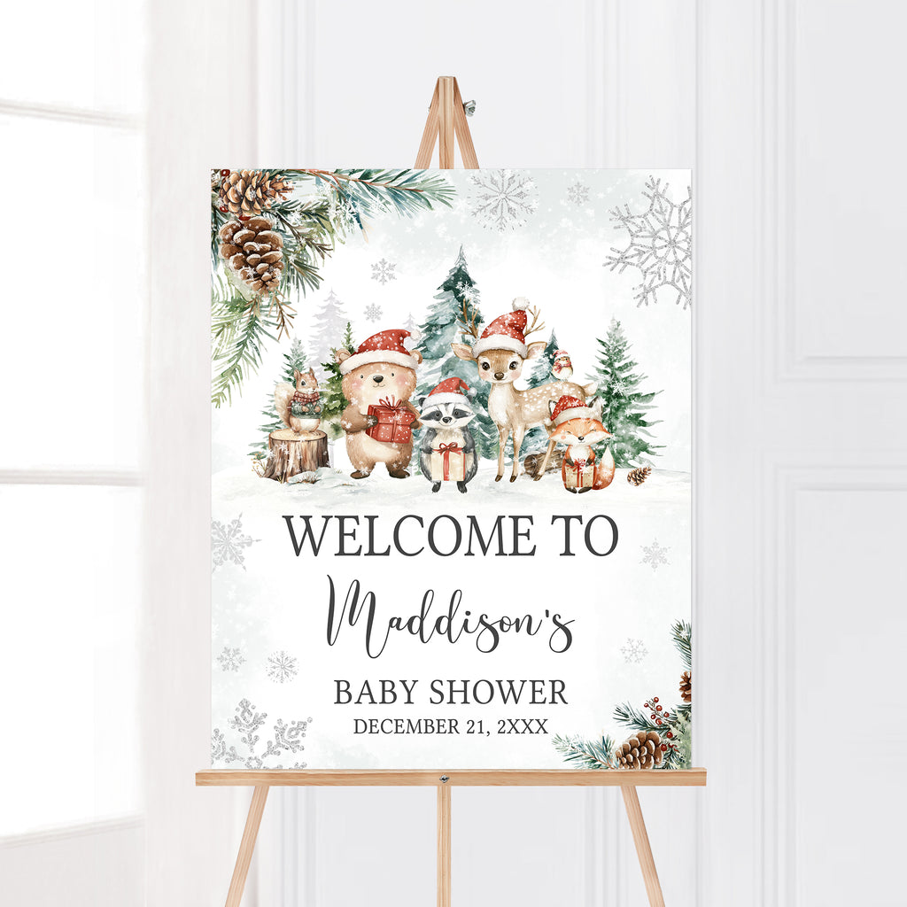 Christmas woodland baby shower welcome sign with rustic forest animals and snowflakes