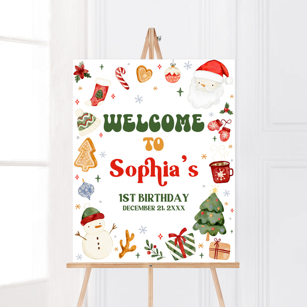 Christmas birthday welcome sign with Santa, snowman, and festive holiday decorations