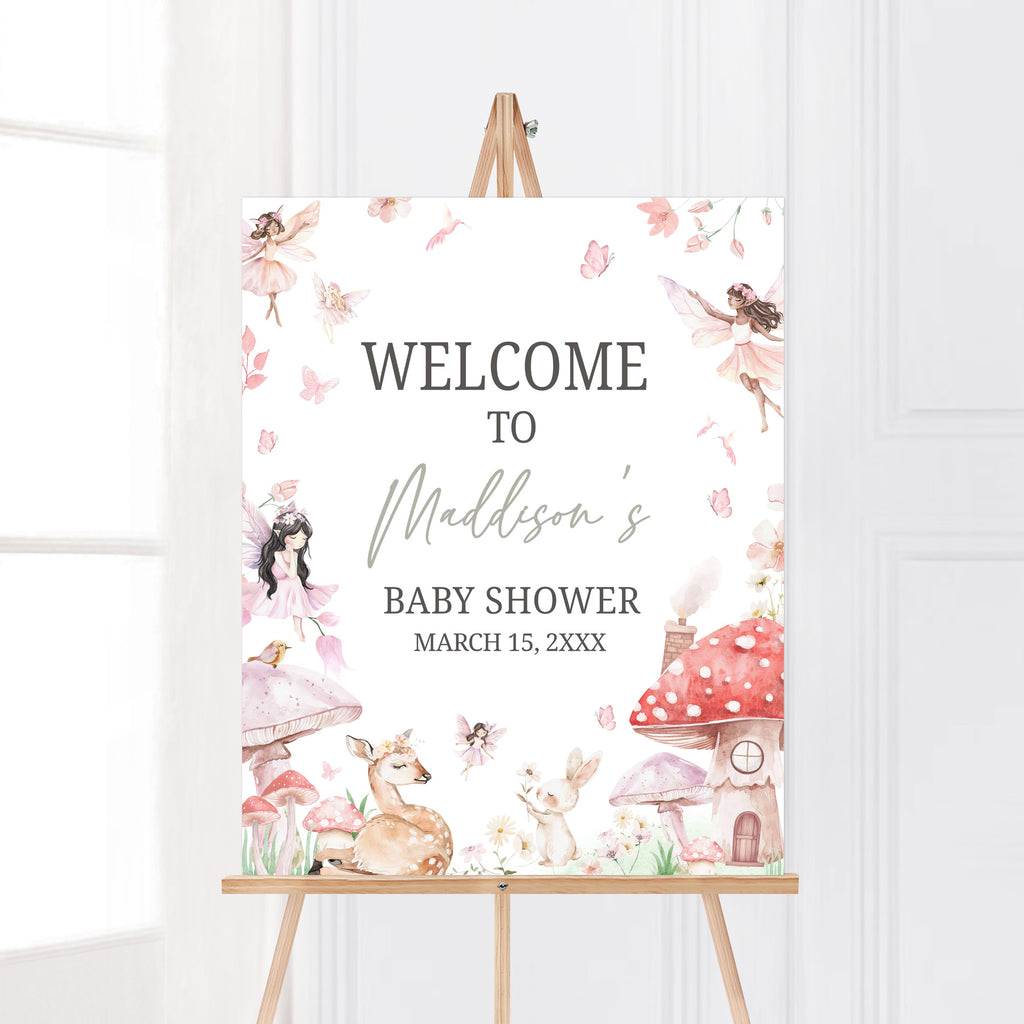 Spring fairy baby shower welcome sign with woodland forest and butterfly theme for girl