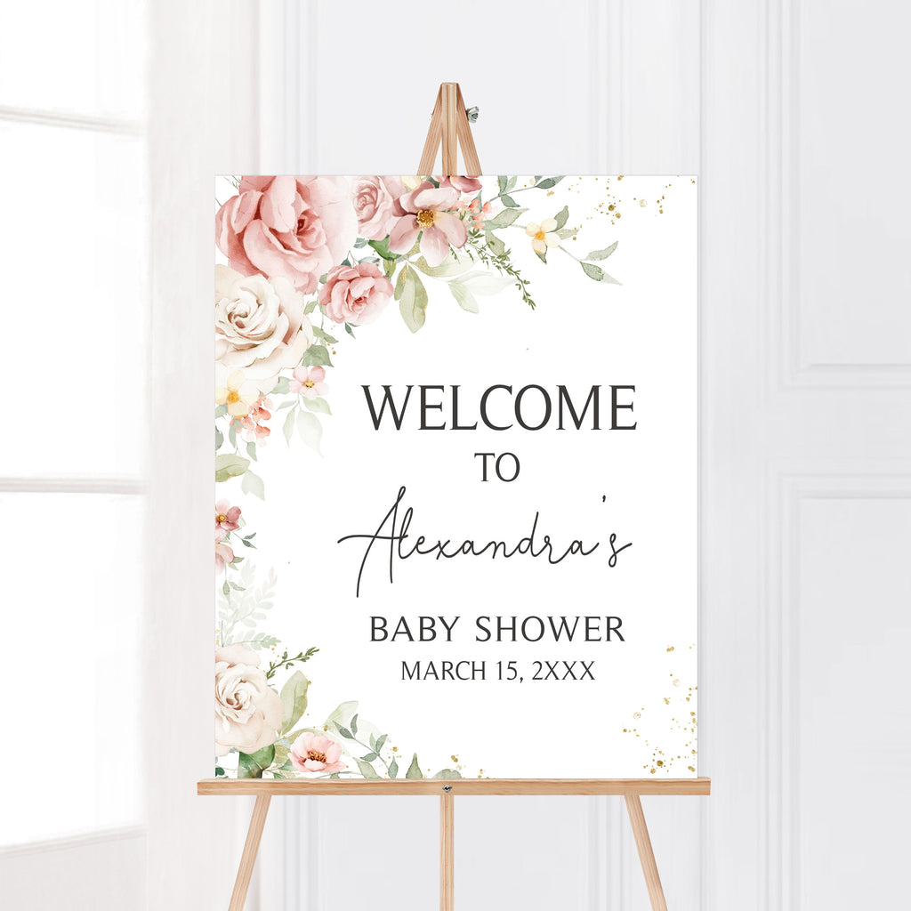 Spring floral baby girl shower welcome sign printable for entry display